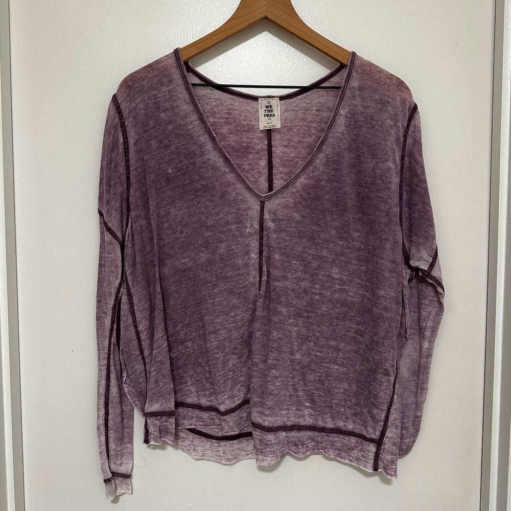 Free People‎ We The Free | Purple Acid Wash Oversized V-Neck Long Sleeve Top, XS